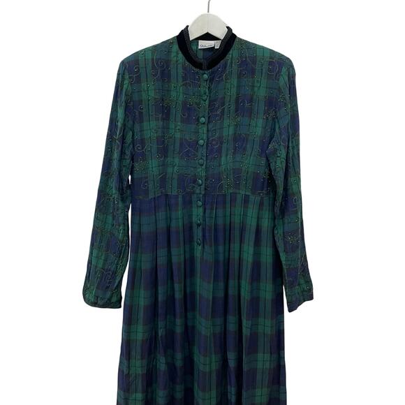 Vintage 90s Women's Sz 8 Green Blue Plaid Embroidered Beaded Winter Maxi Dress - Picture 4 of 8